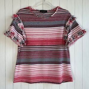 Saloni size M Dawn short sleeve blouse top red stripe ruffled stretchy